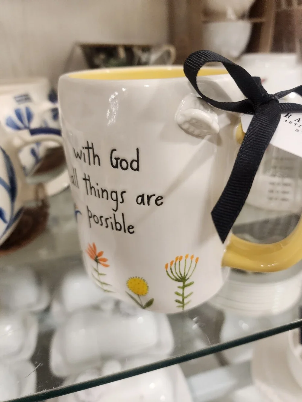 Rae Dunn Inspirational Floral Ceramic Mug - White with Yellow Handle